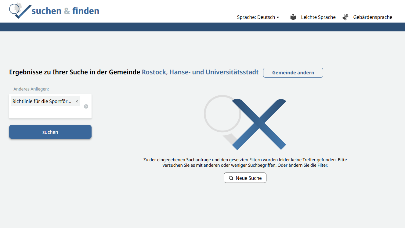 Screenshot der Suche nach "Richtlinie für die Sportförderung" ohne Ergebnisse