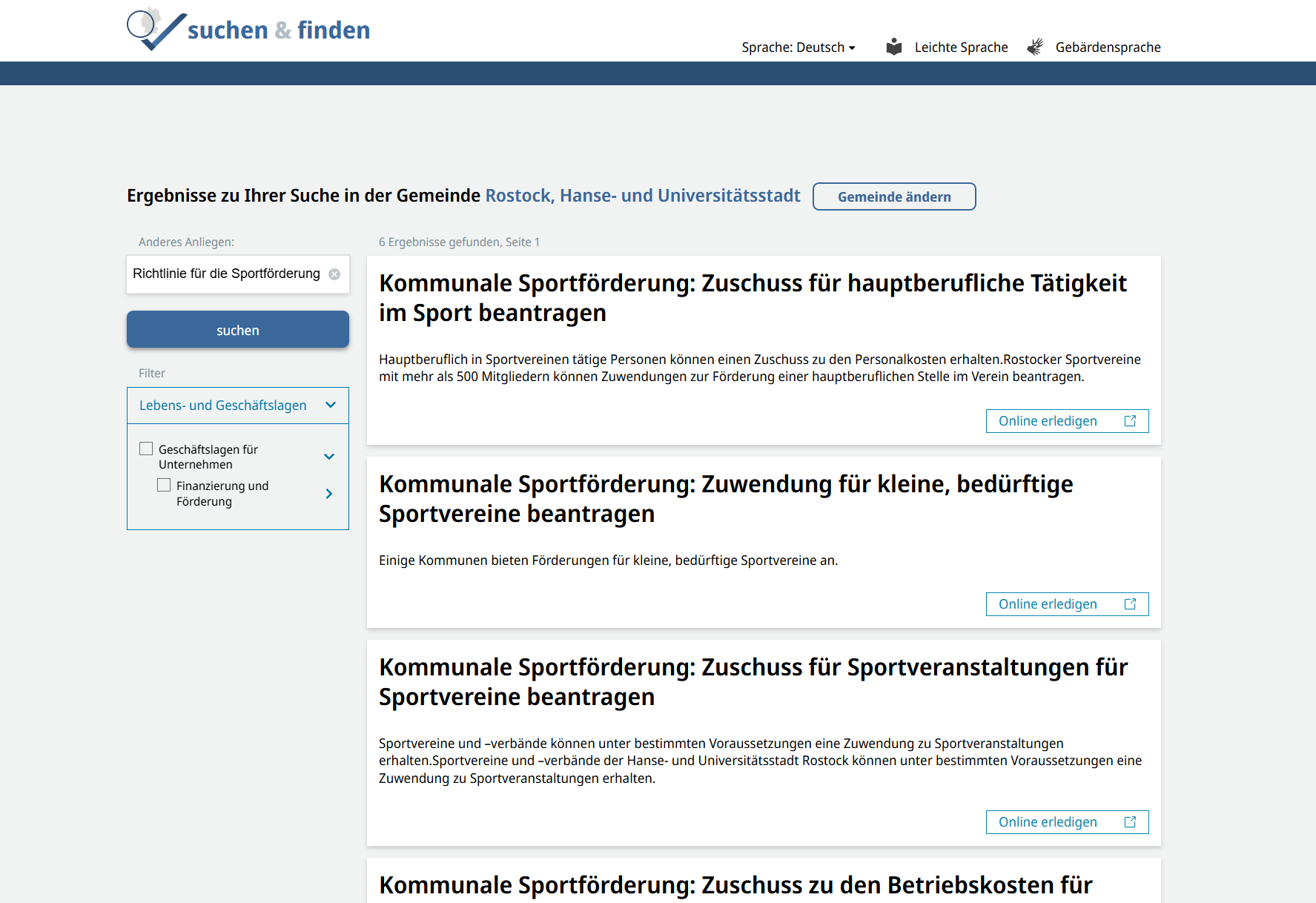 Screenshot der Suche nach "Richtlinie für die Sportförderung" mit Ergebnissen